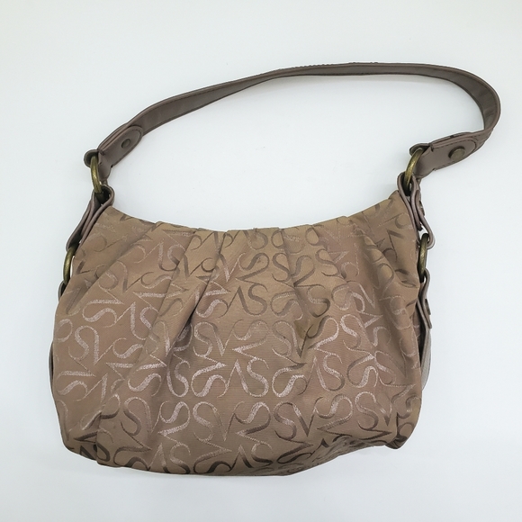 Simply Vera VERA WANG Taupe Pleated Hobo Handbag Magnetic Closure Monogram Logo - Picture 2 of 5